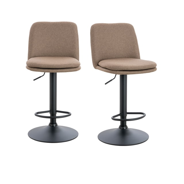 set de dos bancos para barra giratorios con asiento acolchado en tela lino de altura ajustable en estructura en negro mate. set19357 bk cafe lino par de bancos color café con asiento y respaldo acolchados en tela lino, base circular negra mate con reposapiés en aro y palanca lateral para ajuste de altura; vista frontal sobre fondo blanco, adecuado para barras y cocinas, también usado como asiento auxiliar en islas.