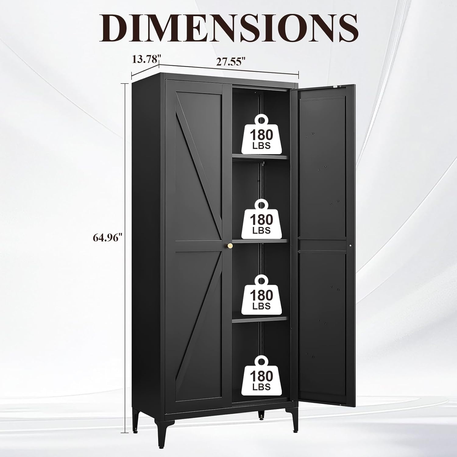 Howcool 65" 2-Door Steel Storage Cabinet with Adjustable Shelves for Kitchen Living Room Office, Black