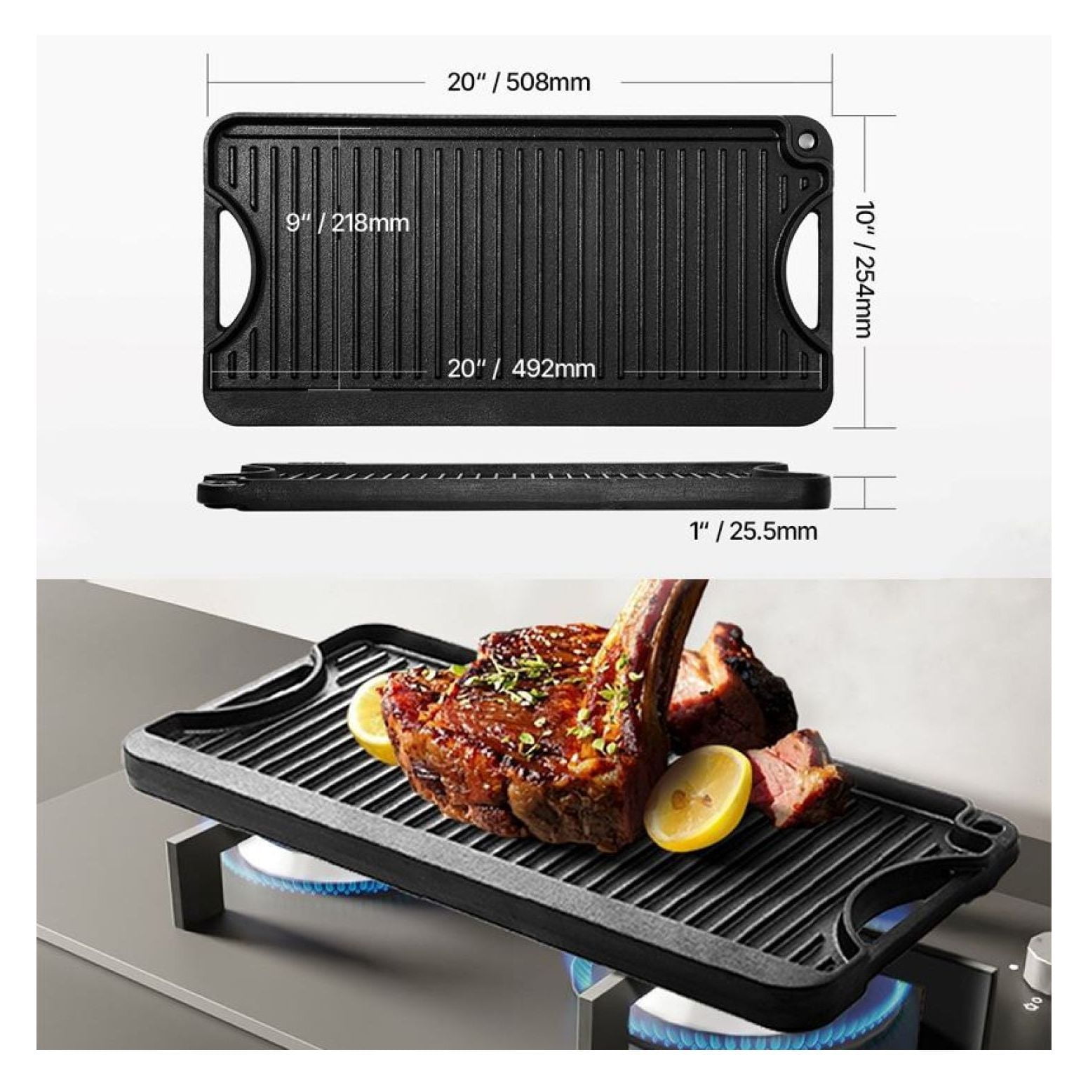 Cast Iron BBQ Grill Griddle Reversible Pan - 14x8.5/20x10 inch - Stove Top Grill Pan for Gas, Electric & Induction - Black