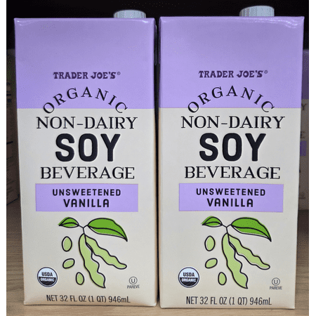 Trader Joe's Organic Non-Dairy SOY Beverage Unsweetened Vanilla 32fl oz 946ml (2 Cartons)