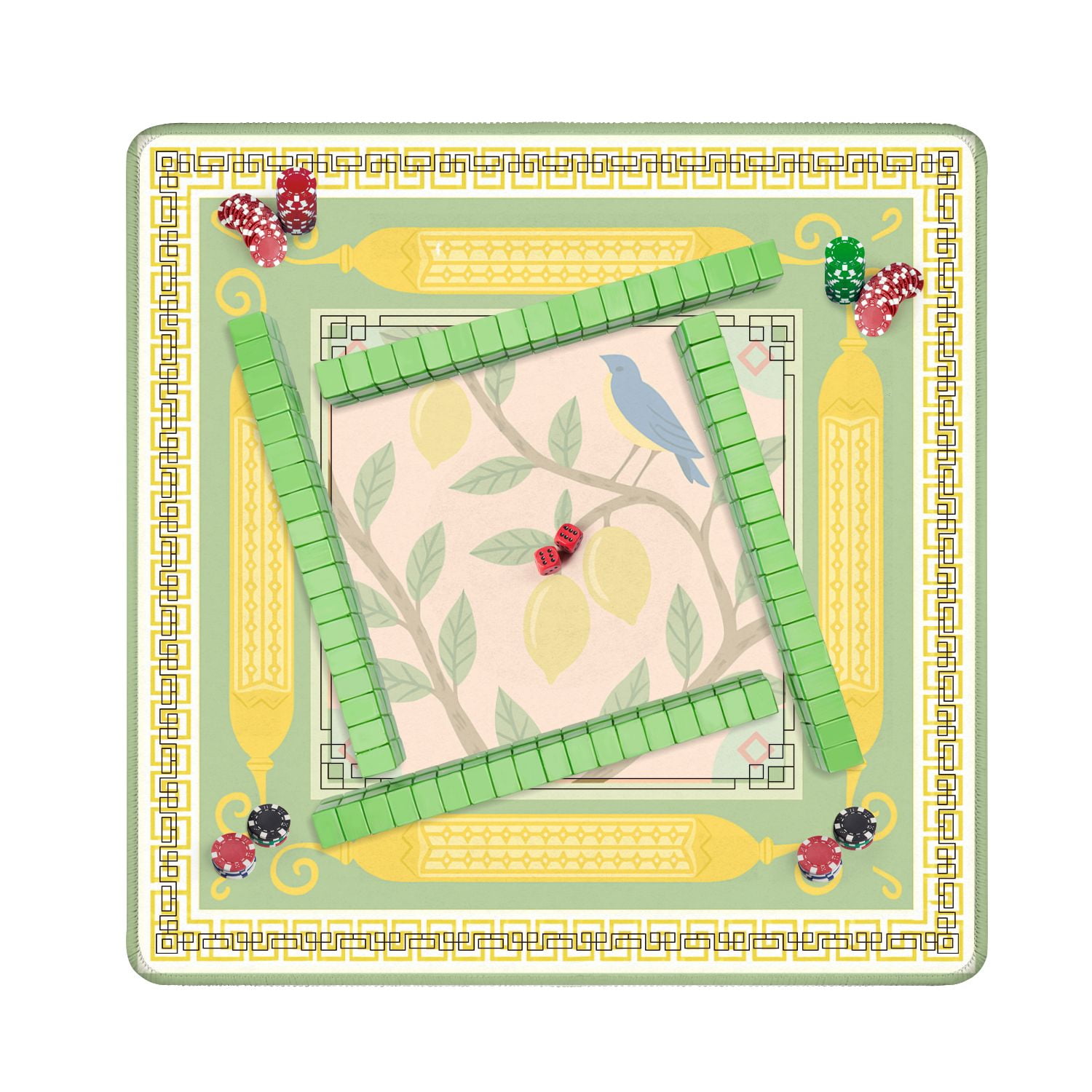 Mahjong Mat 31.5" x 31.5" Blue Bird Lemon Tree Anti-Slip and Noise Reduction Symmetry Design Mahjong Tiles Table Cover for Dominoes Poker Card Board and Tile Games