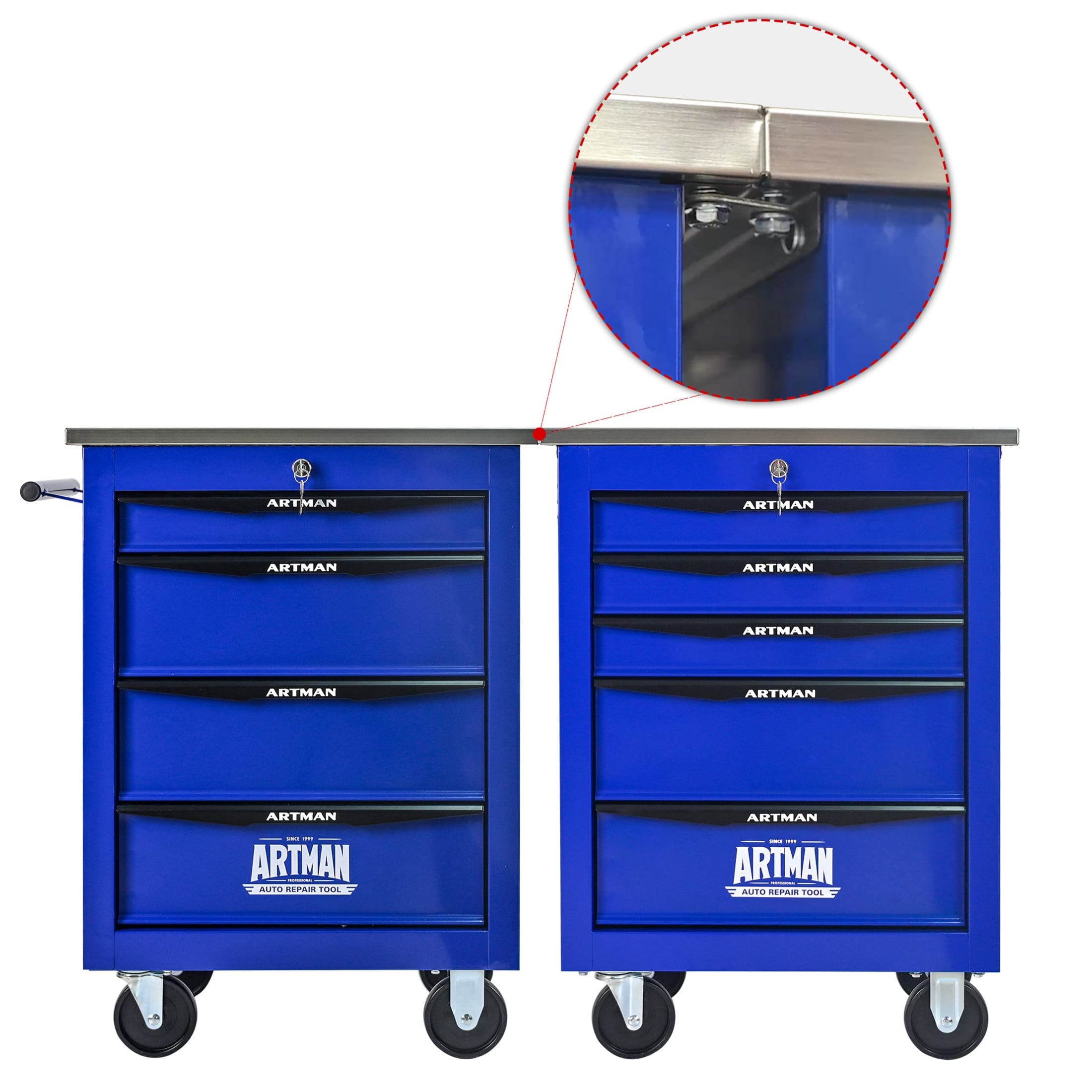 Noble House 4-Drawer Rolling Tool Organizer Cart, Steel Mobile Chest Storage with Worktop for Garage Workshop, Blue