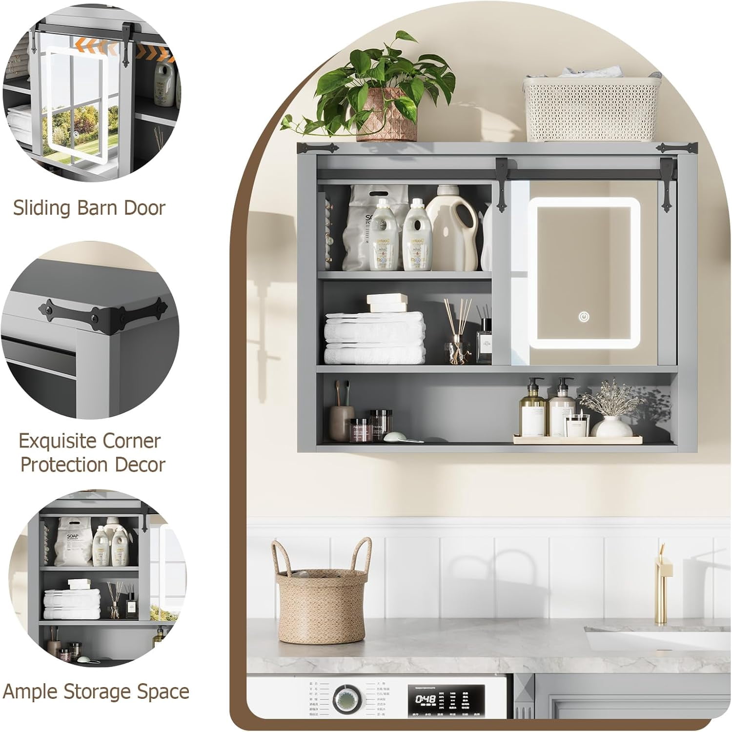 Vecenuy White Bathroom Wall Cabinet with Mirror, 3 Lighting Modes, Adjustable Brightness, Jewelry Holder, Sliding Door, Over Toilet Storage, Grey