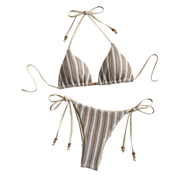 Conjunto de Bikini de Mujer de Color Sólido Rayado Playa de Dos Piezas de Moda Respirable sin Mangas para la Piscina Y el Mar