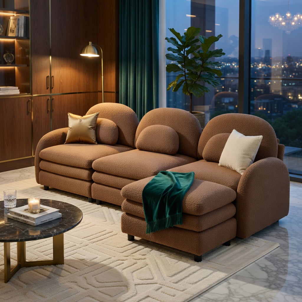 Hommoo Teddy Fleece 4-Seat Modular Sectional Sofa, Cloud-Like Double-Layer Cushion, Curved Backrest & Armrest, Movable Ottoman, Lumbar Support Pillows, Camel