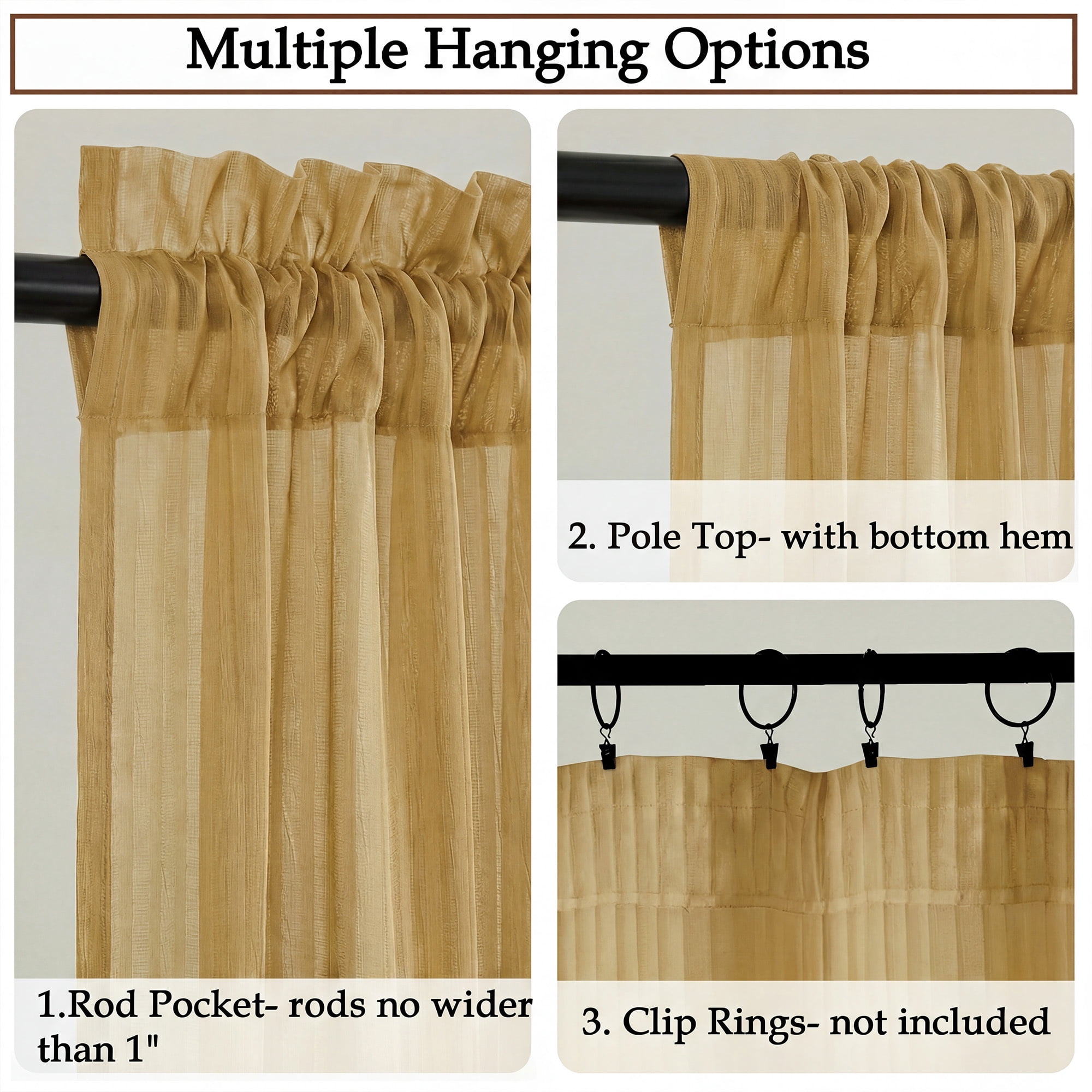 OVZME 63 Inch Vertical Striped Gold Sheer Curtains 2 Panels - Light Filtering Textured Rod Pocket Drapes for Living Room Bedroom, 52"W x 63"L Each, Gold