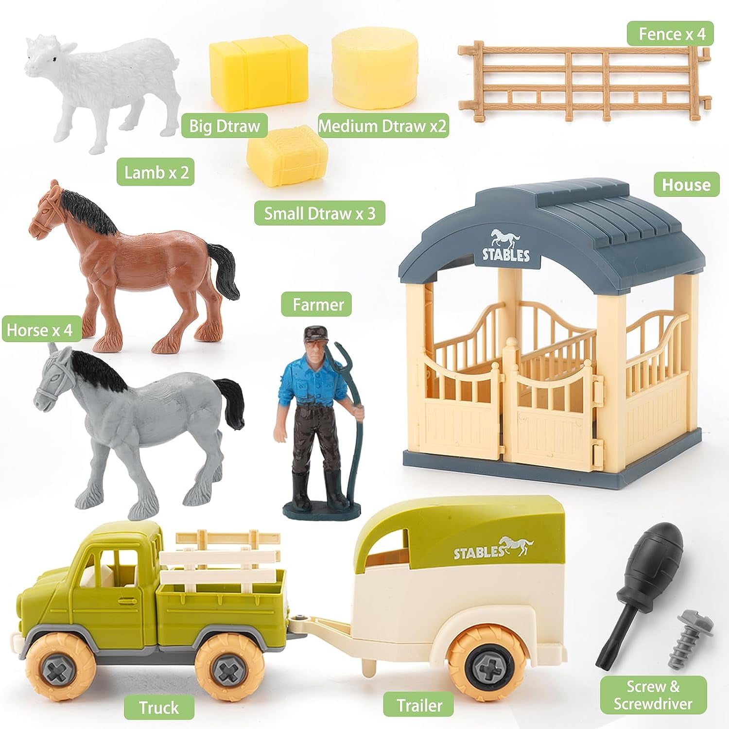 Farm Toys Play Vehicles Playset, DIY Take-Apart Truck, Trailer, Farm Animals, Horse, Lamb Figurines, Screwdriver - STEM Educational Learning Tractor Toy Play Set for Age 3-12 Years Old Kids Toddlers