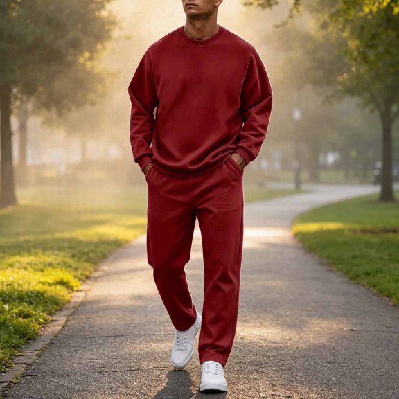 Qiyinn Men's Comfortable Sweatshirt Crew Neck Long Sleeve Loose 2-Piece Set Solid Color Casual Daily Wear