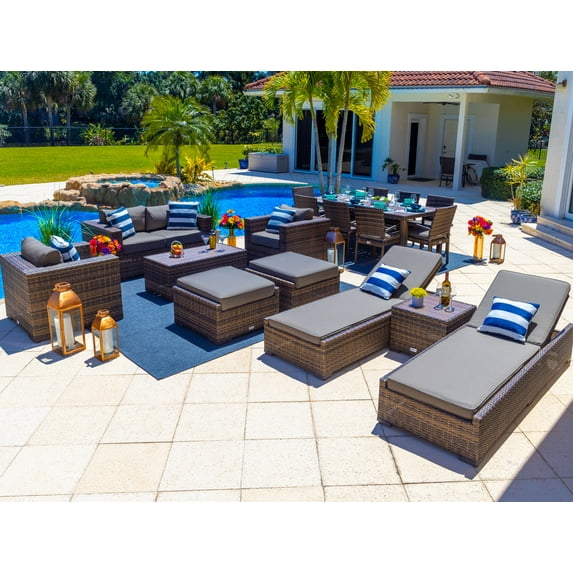 Sorrento 18-Piece Resin Wicker Outdoor Patio Furniture Combination Set in Brown w/ Loveseat Set, Eight-seat Dining Set, and Chaise Lounge Set (Flat-Weave Brown Wicker, Sunbrella Canvas Charcoal)