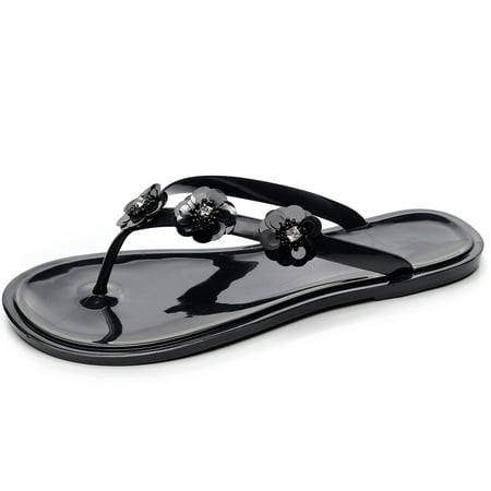 Juebong Women s Flower Top Flip Flop Shoes Casual Rhinestone T-Strap Flat Sandals All-Season Indoor Bath Shower Slippers Shoes  Black  8.5