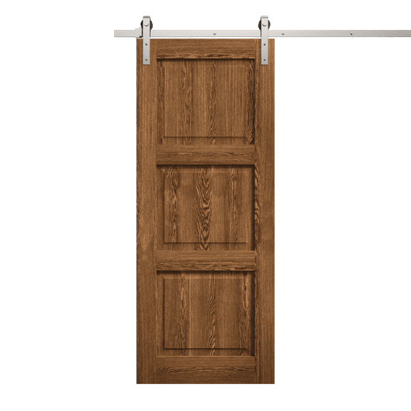 Modern Barn Door 18 x 80 inches | Ego 5010 Cognac Oak | 6.6FT Silver Rail Track Heavy Hardware Set | Solid Panel Interior Doors