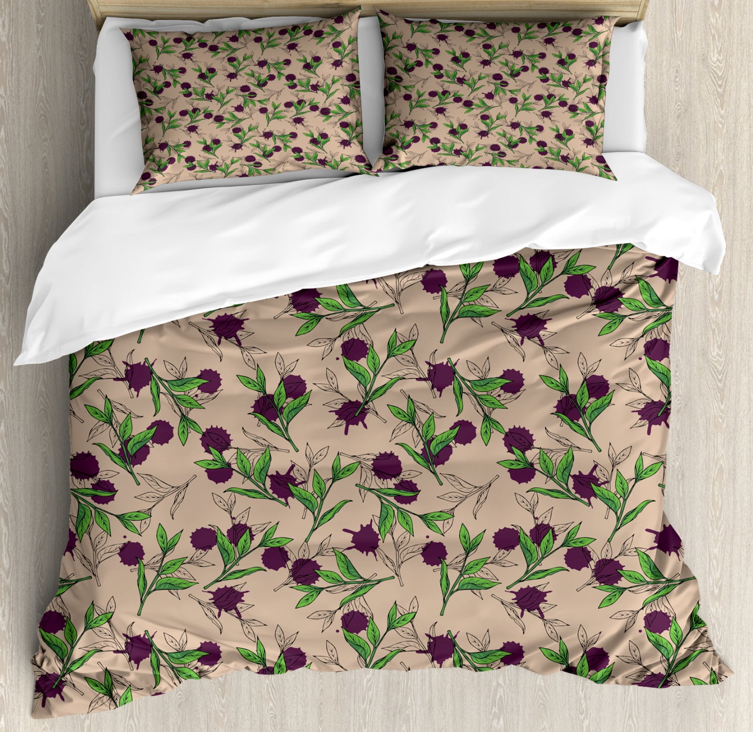 Floral Duvet Cover Set, Image of Natural Tea Leaves with Purple Toned