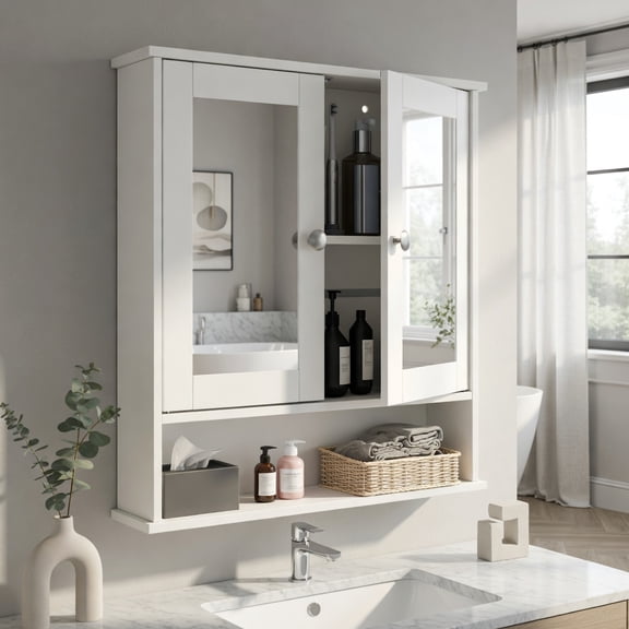 Resenkos Wall Mounted Bathroom Mirror Cabinet with Adjustable Shelves – White, Brown & Gray Modern Storage Organizer for Bathroom, Living Room & Entryway
