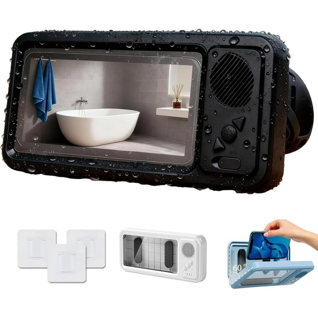Aqua Play Waterproof Phone Holder with Speaker - 360° Rotation, Angle Adjustable & Touch-Friendly, Punch-Free Shower Case for Bathroom Mirror & Bathtub,1ps