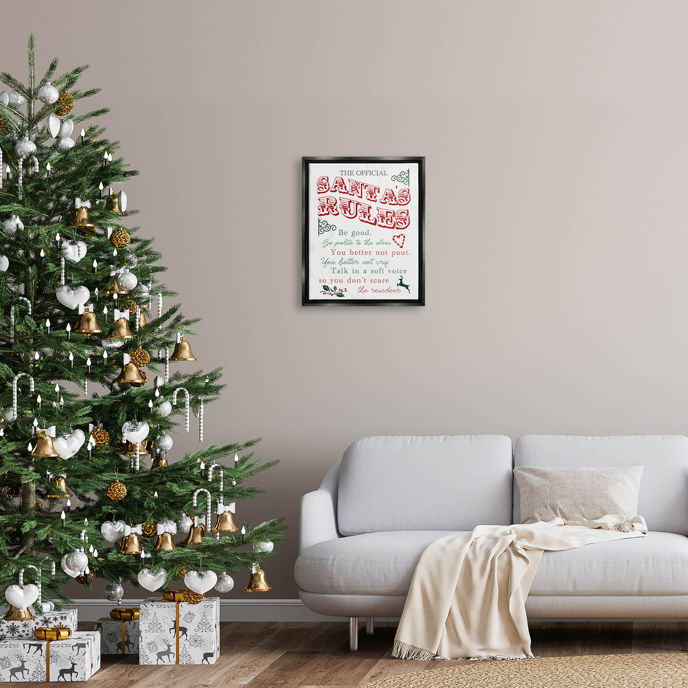 Official Santa's Rules Christmas List Holiday Graphic Art Jet Black Framed Art Print Wall Art