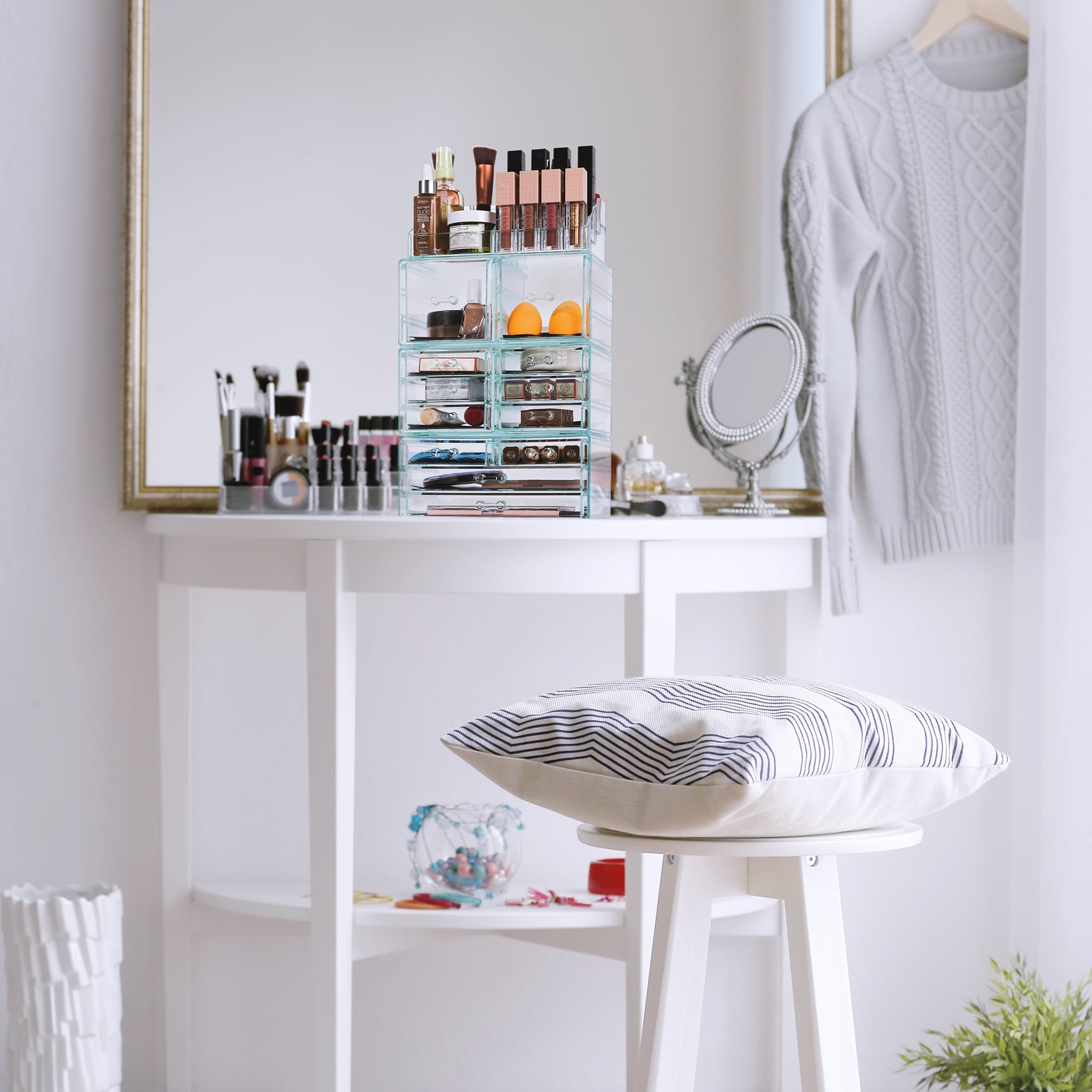 Sorbus Stackable Clear Teal Makeup Organizer, 4-Piece, 12 Drawers, 16 Lipstick Slots