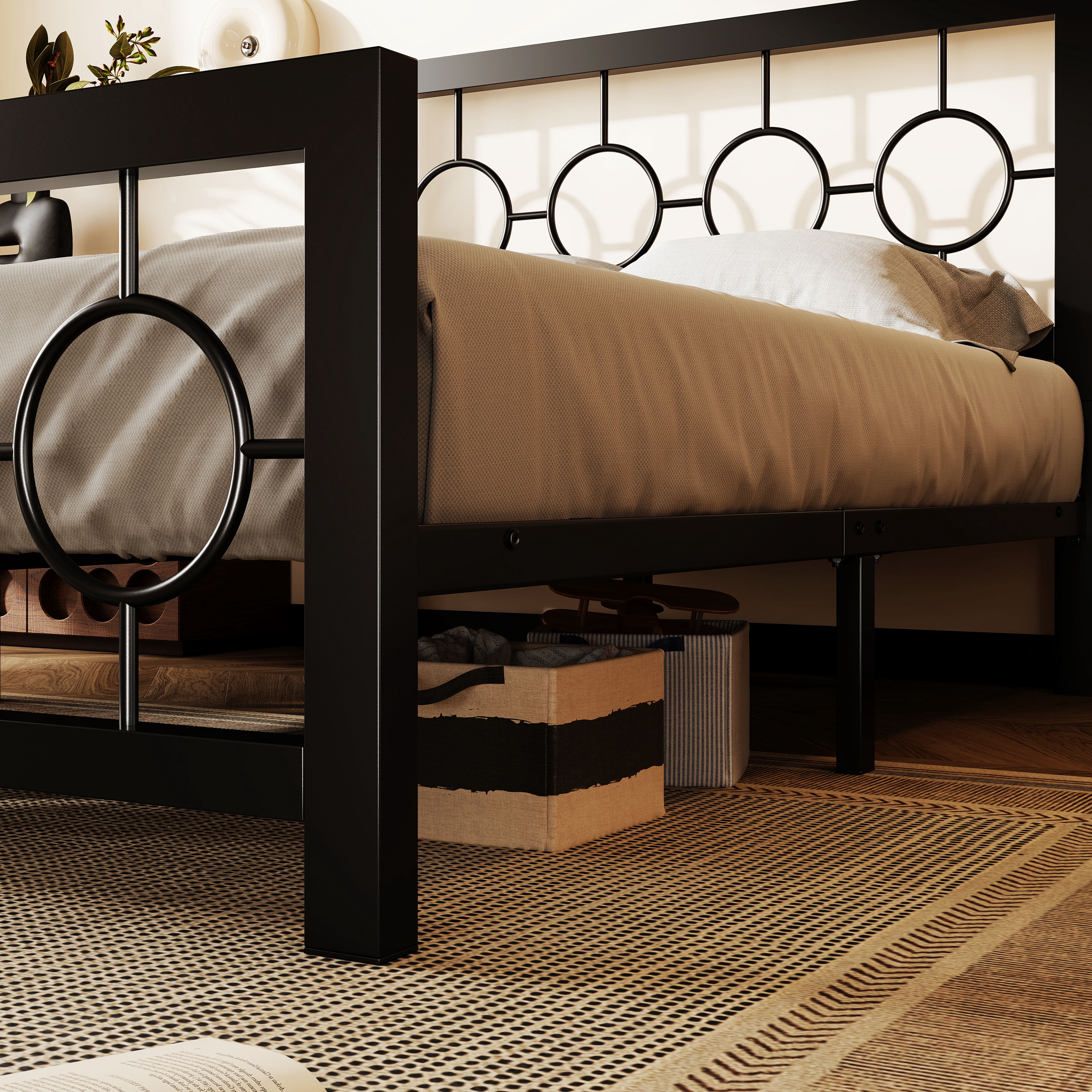 Amolife Full Size Bed Frame, Metal Platform Bed with Vintage Circular Headboard & Footboard, Black