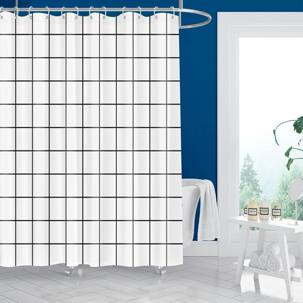 Microfiber Grid Printed Bathroom Shower Curtain, 72 x 72 inch, White