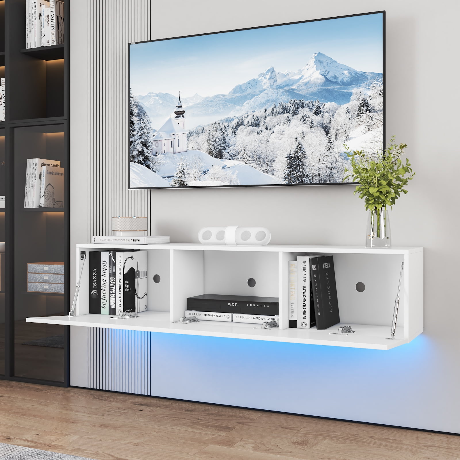 Hommpa Wall Mounted Floating TV Stand with LED Lights Modern Entertainment Center for TVs for up to 65" Media Console TV Unit with Storage Cabinets White High Gloss for Living Room Bedroom