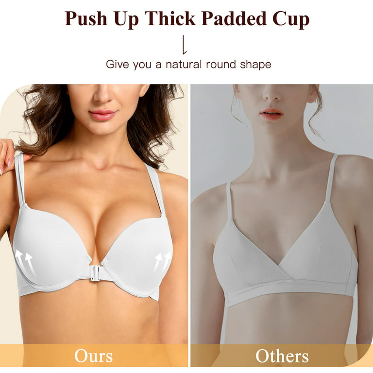 YANDW Front Closure Push Up Bra Strappy Thick Padded Cross Back Add 2 Cup  Plunge Seamless Underwire Bras White,32D