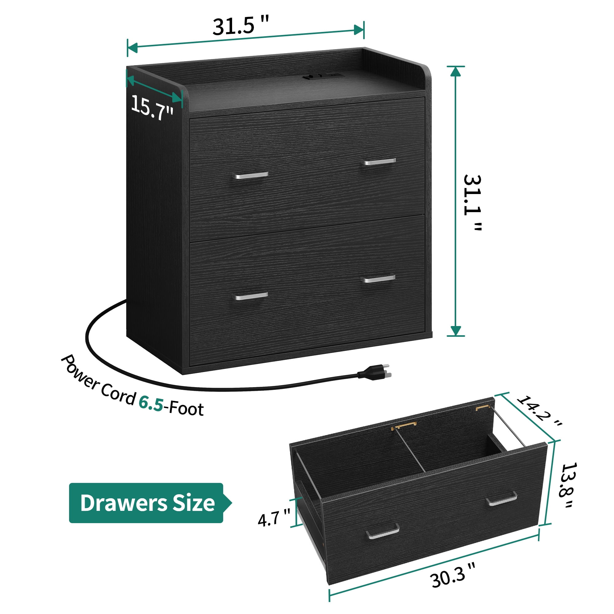 Dextrus 2 Drawer File Cabinet with Charging Station, Wood Lateral Filing Cabinet Printer Stand Fits A4 Letter Legal Size Files, Black