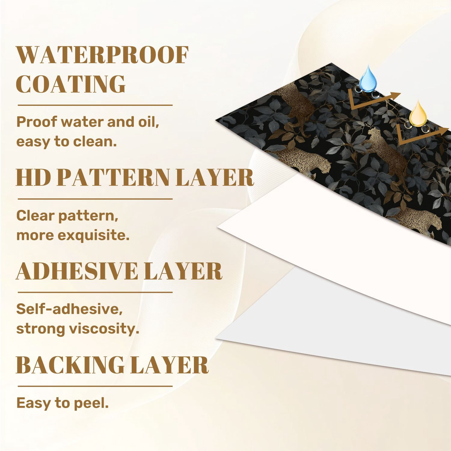 Peel and Stick Wallpaper Leopard Gold Leaves Dark Wall Mural 23.6in x 9.8ft Self Adhesive Removable Wall Paper Renter Friendly Wallpaper for Nursery Bedroom Cabinets