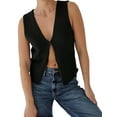 thumbnail image 2 of Womens Vintage Knittd Tank Y2k Vest Crop Top Sleeveless V-Neck Open Front Button Crochet Knit Vests Black S, 2 of 7