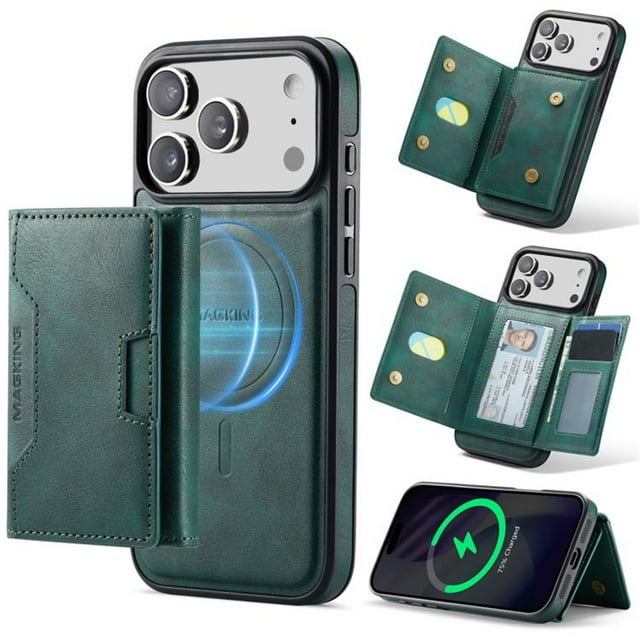 Funda para IPhone 17 Pro Max 6.9" RFID Funda Protectora con Bloqueo y Soporte Magsafe con 7 Ranuras para Tarjetas 2 en 1 Funda Protectora de Cuero a Prueba de Golpes con Tapa Desmontable, Verde