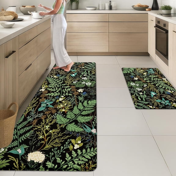 Kitchen Mats for Floor 2Pcs-Anti Fatigue Non Slip Mats for Kitchen Floor, Cushioned Waterproof & Stain-Resistant Plant Floral Mat Set, Laundry Room, Office, Sink, Desk (Green)