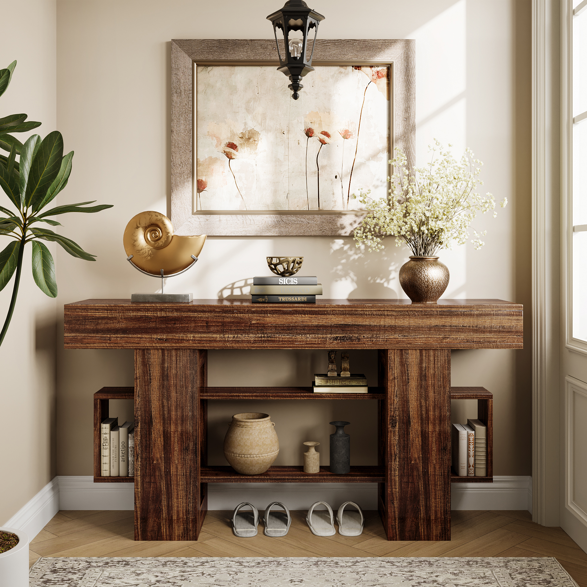 Einhomn 63" Farmhouse Wood Console Table, Modern Entryway Table with Open Storage for Behind Couch, Living Room