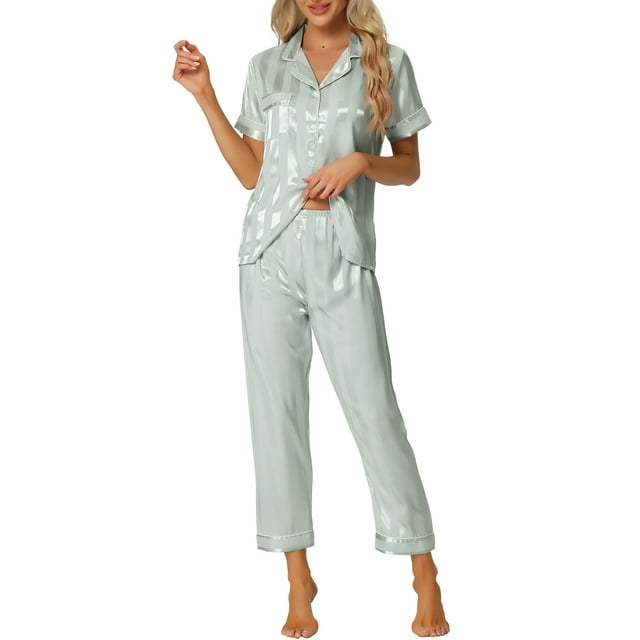 Conjunto de pijama de 2 piezas para mujer INSPIRE CHIC, camisa de satén de botones cortos con pantalones largos, S, verde claro