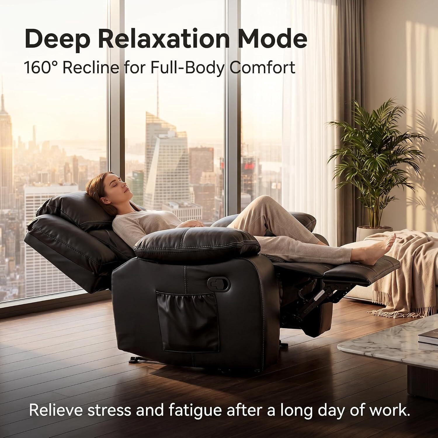 Recliner Chair,Oversized PU Leather Lounge Sofa 90°-160° Recline with 8 Vibration Massage Lumbar Heat Support 30D High Density Foam Side Storage Quick Assembly,Black