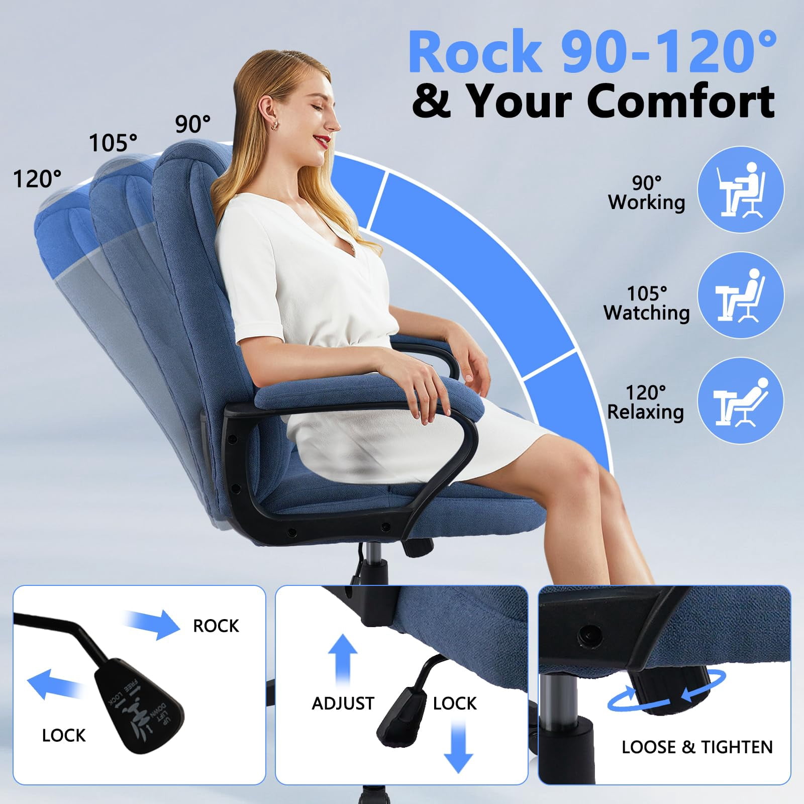 CLATINA Blue Cloth Office Chair Fabric Covered Desk Chair, Adjustable Height Swivel Chairs Ergonomic Executive Chair with Arms and Wheels Comfortable Upholstered 350 LBS