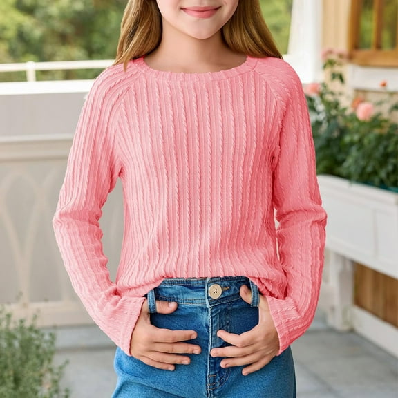 AINIYS Girls Long Sleeve Tops Kids Lightweight Textured Crewneck Pullover 2025 Fall Trendy Tops Crewneck Knit Basic Tee Pink 110