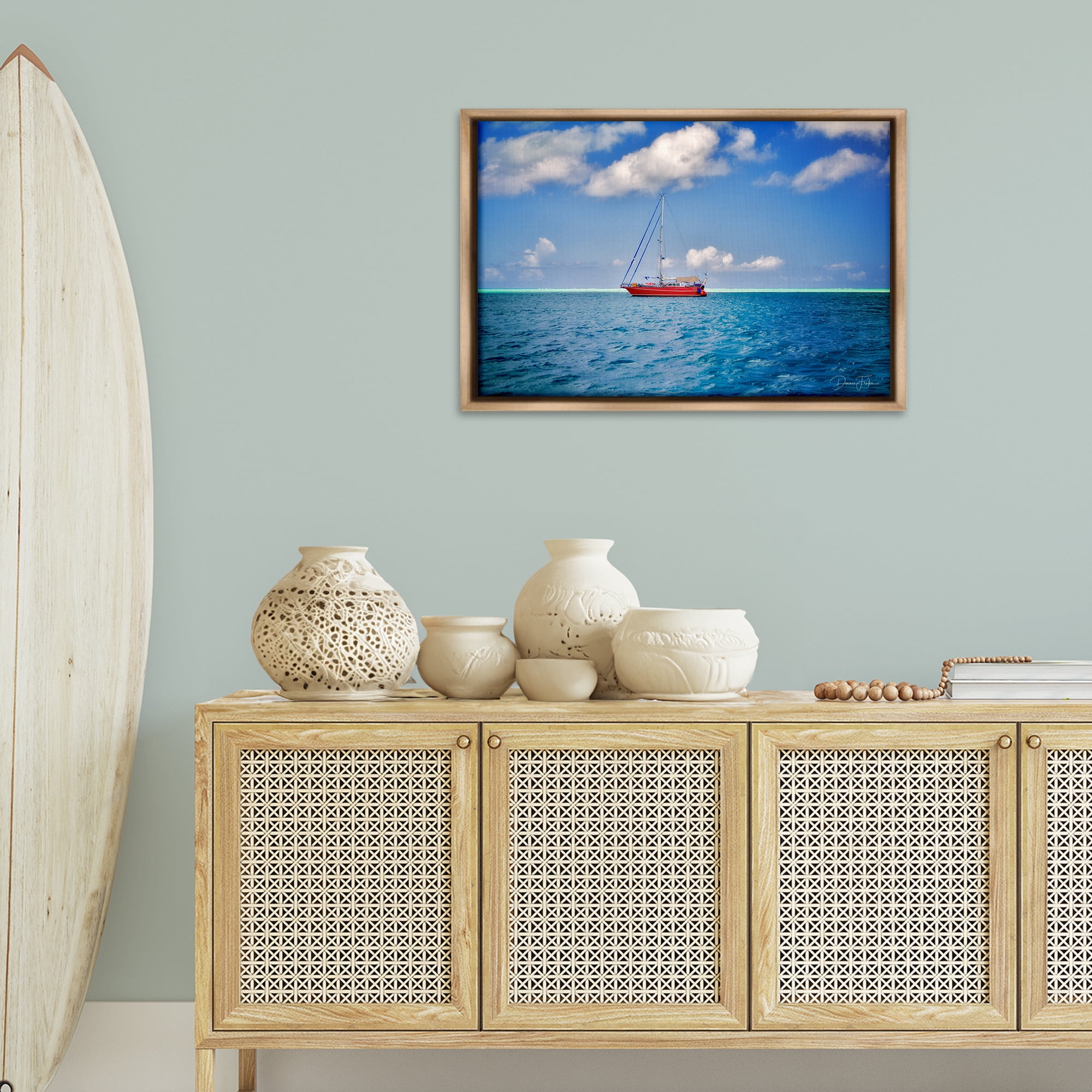 Stupell Industries Ship & Cloudy Sea Nautical & Beach Photography Brown Floater Framed Canvas Art Print Wall Art, 31 x 21