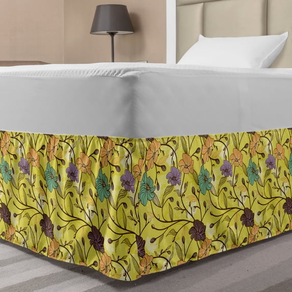 Botanical Bed Skirt, Blooming Flowers on Swirling Branches Lively Spring Trees Rural Woodland Theme, Elastic Bedskirt Dust Ruffle Wrap Around for Bedding Decor, 4 Sizes, Multicolor, by Ambesonne