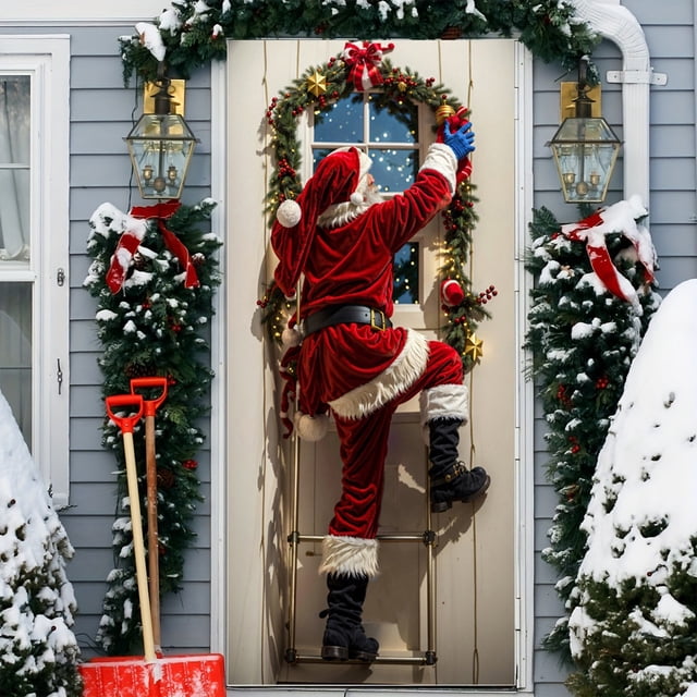 Linnome Christmas Door Decoration Kit - Santa Claus Themed Hanging Cloth with Border Stickers for Festive Entryways