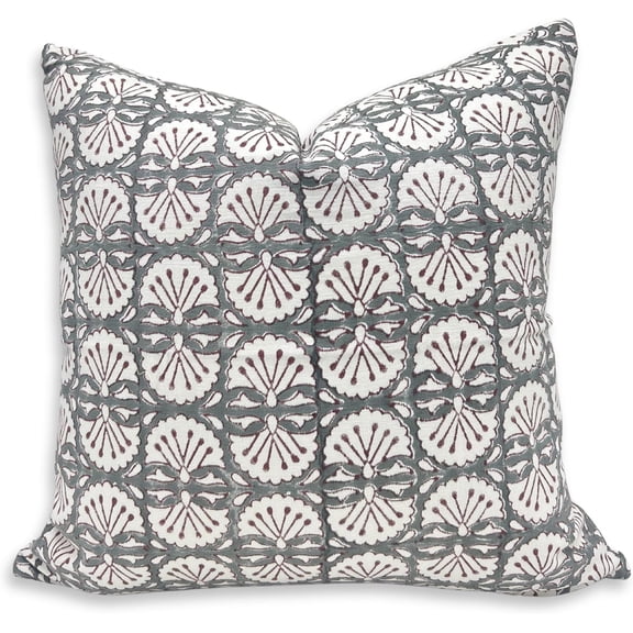 Fabdivine Block Print Throw Pillow Cover, 14x14 Inch Thick Cotton White Decorative Cushion Cover, Floral Print Boho Design Light Green Pillow Cover for Sofa and Couch