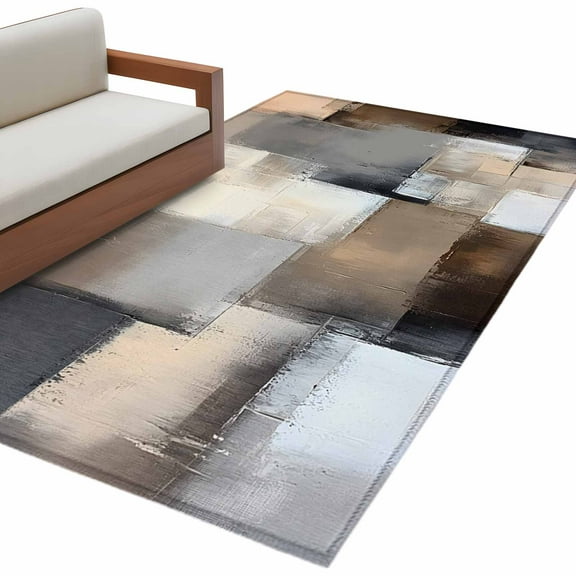 Grey Brown Abstract Area Rug 3x5 FT, Non Slip Entryway Bedside Carpet, Oil Painting Color Blocks Washable Soft Floor Carpet Indoor Mat Non-Shedding Throw Rug for Dorm Kitchen Home Office