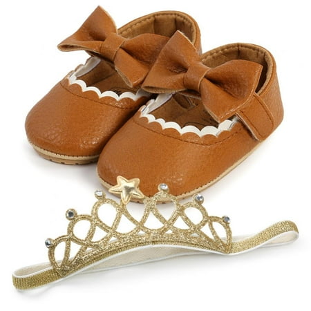 

Baby Infant Girls Soft Sole Floral Princess Mary Jane Shoes Non Slip Soft Sole PU Leather Prewalker Wedding Dress Shoes with Headband 0-18M