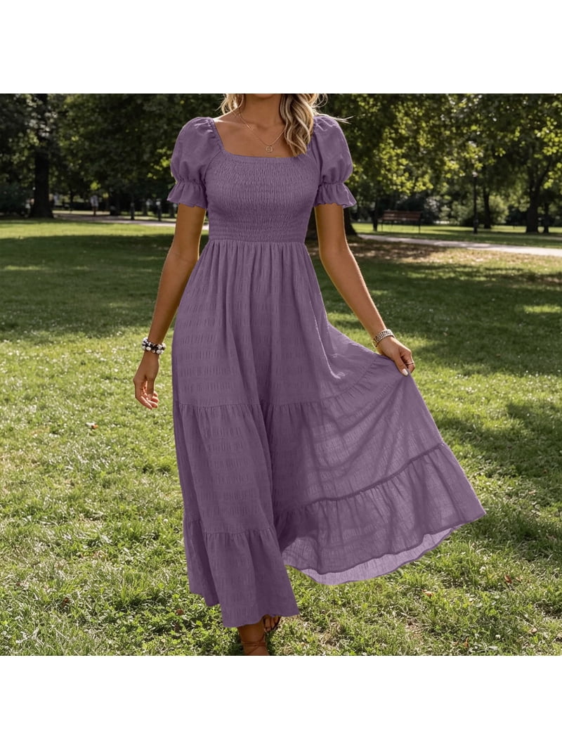 Busydd Puff Sleeve Homecoming Dresses for Women Fashion Pleated Square Neck Fall Dresses Casual Flowy Short Sleeve Solid Color Tiered Maxi Dress S