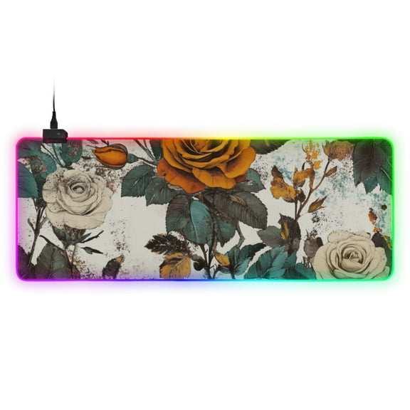 Vintage Orange White Flowers RGB Gaming Mouse Pad Large Keyboard Mat Rubber Base 13 Light Modes