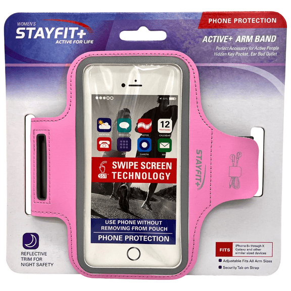 Active Armband Hands Free Arm Wallet with Swipe Screen Access, Earphone Storage, Reflective Trim for Night Safety, Fits Standard Phones, Perfect for Travel, Shopping, Workouts, Pink