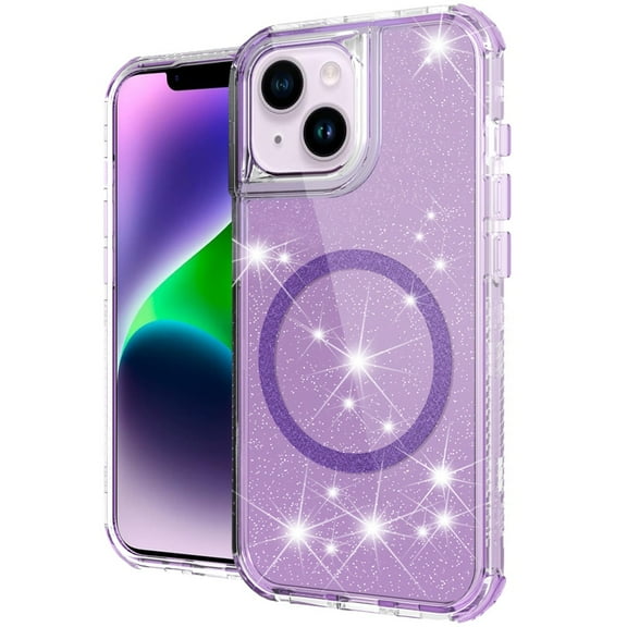 Designed for Apple iPhone 14 / iPhone 13 (6.1") Magnetic Ring Circle Glitter Bling Sparkle 3in1 Hybrid [Compatible with Magsafe] Clear Shockproof Phone Case Cover - Purple