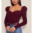 thumbnail image 2 of Camiseta para mujer Top elegante Puff Manga larga Slim Fit Color puro Tejido acanalado Sin espalda Pollover Rojo purpúreo S, 2 of 6