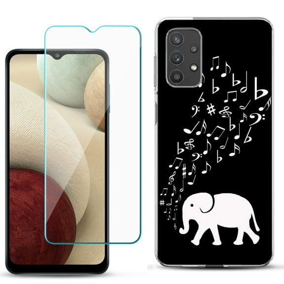 Slim-Fit TPU Phone Case compatible with Samsung Galaxy A32 5G, with Tempered Glass Screen Protector, by OneToughShield ® - Elephant Music