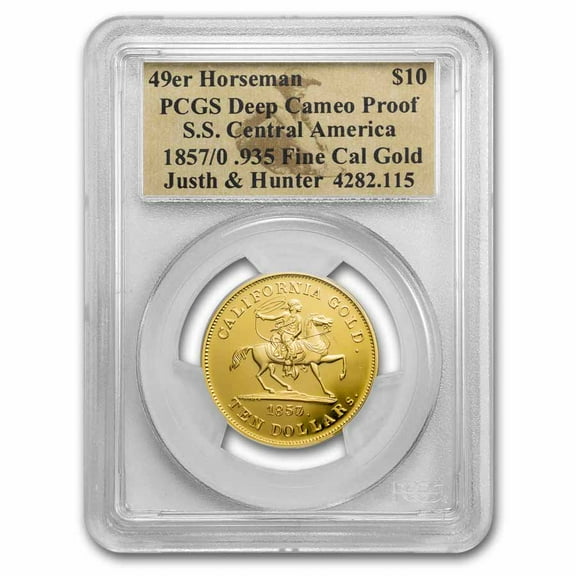 1857/0 $10 49er Horseman .906 Fine Cal Gold PCGS