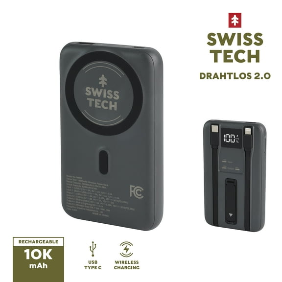 Swiss Tech 10000mAh wireless magnetic power bank, fast charging portable charger for iPhone 12 