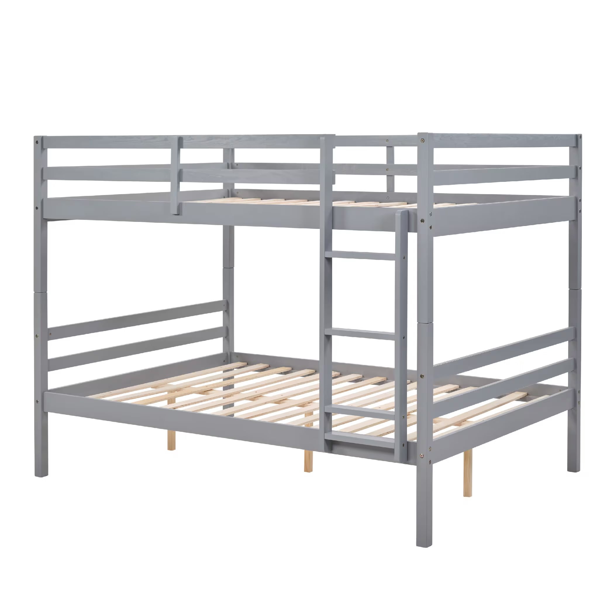 Full Over Full Bunk Bed, Solid Wood Bunk Bed Frame with High Guardrails and Ladder, Heavy Duty Wooden Slats, No Box Spring Needed for Kids, Teens, Guest Room, Grey