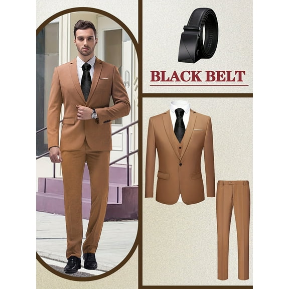 Beauty-Emily Men’s 4-Piece Business Suit Set, Lapel Jacket, Vest, Slim Trousers & Belt – Solid Color Formal Attire for Office & Meetings